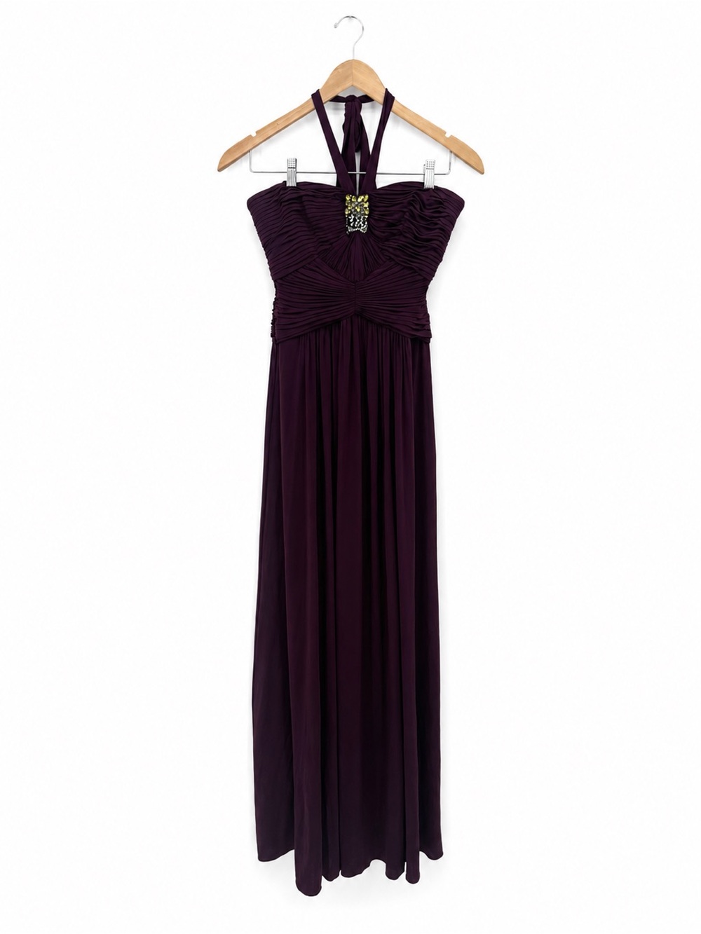 BCBGMaxAzria Plum Purple Embellished Ruched Halter Formal Maxi Gown Size 2